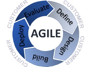 Schematic showing the agile workflow used in Kerus development, iterating though defining needs,designing solutions, building that solution before deploying it and getting customer feedback