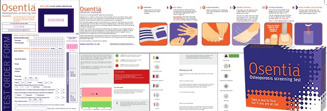 Image showing test order form, test guidance, typical test result letters (which are adapted to the individual's results) and the test kit box